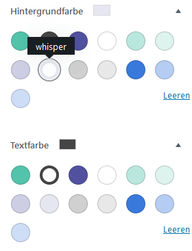 A screenshot of the color palettes present in the sidebar when a paragraph block is selected in Gutenberg. Both palettes – for text and background color – have the same colors.